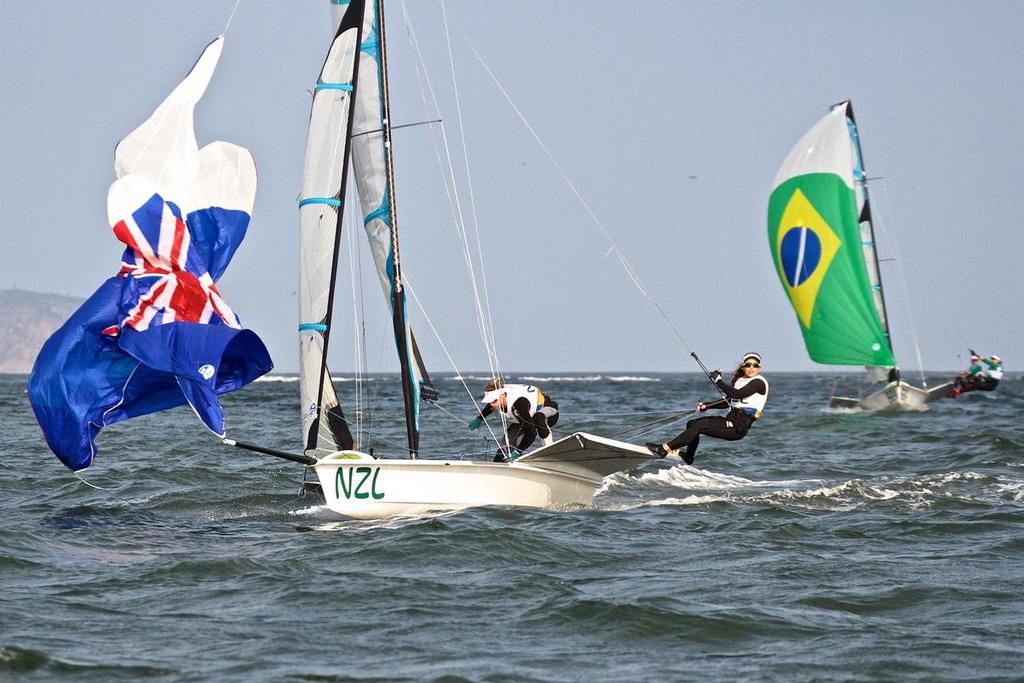 New Zealand drops safely ahead of Brazil with the Gold medal in their sights. - 49erFX medal race 2016 Olympics © Richard Gladwell www.photosport.co.nz